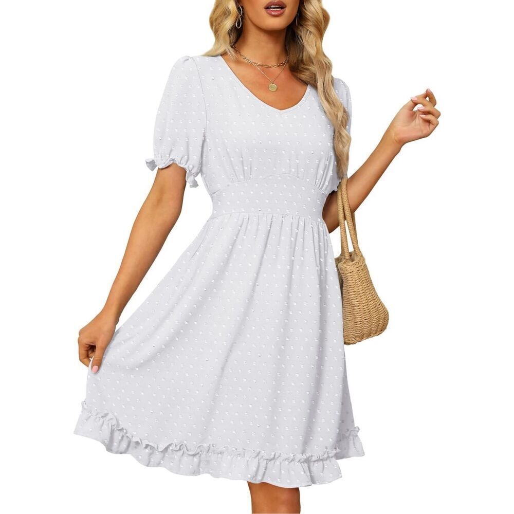 NEW White V Neck Short Sleeve Swiss Dot Mini Dress Pockets M - Picture 3 of 7